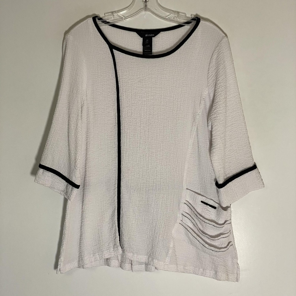 Ali Miles Top Womens Petite Medium White‎ Black Textured Pocket Tunic 3/4 Sleeve